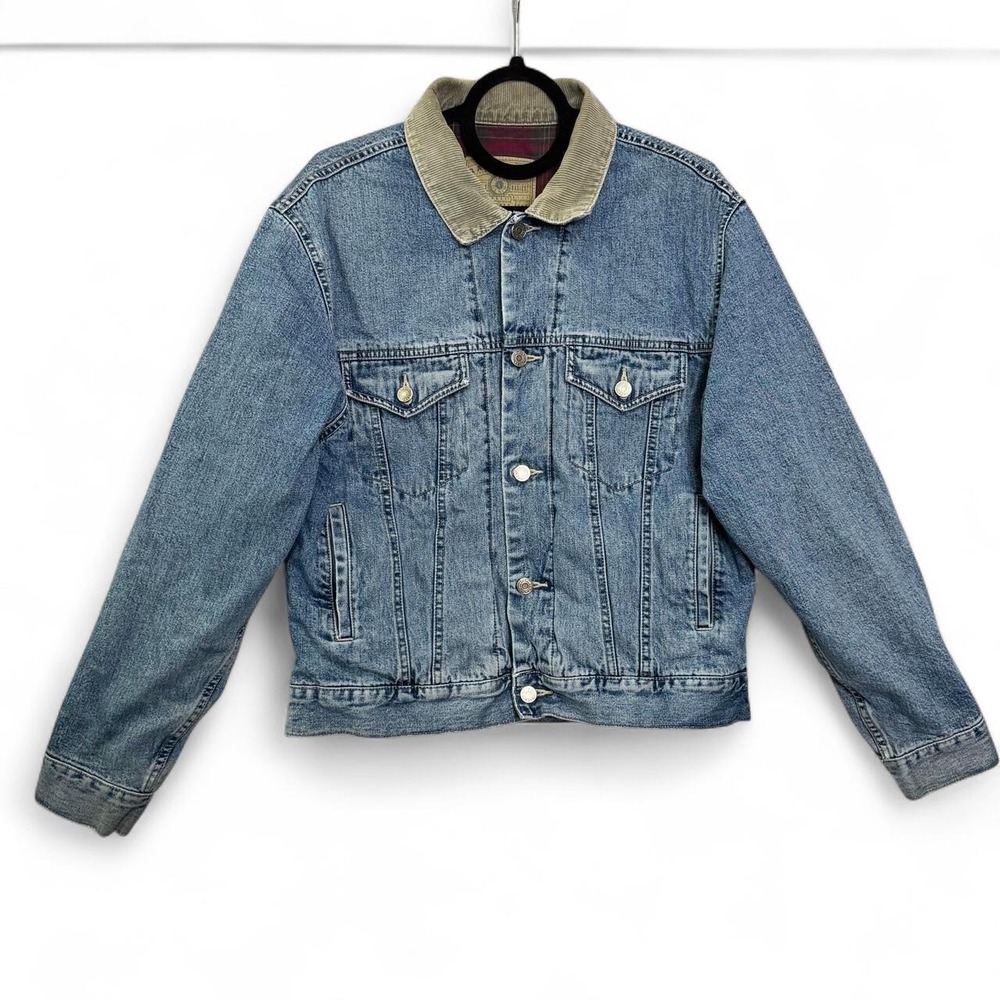 Vintage 90s Gap Denim Trucker Jacket Men's M Plaid Lined Corduroy Collar Grunge